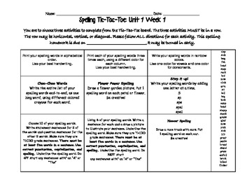 Spelling tic tac toe pdf
