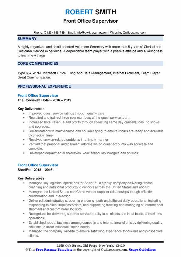 Front office manager resume pdf