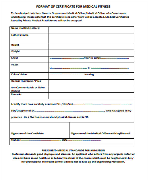 Physical fitness certificate for job pdf